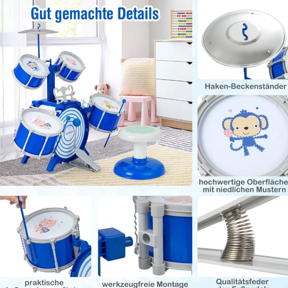 Kinder Schlagzeug Set mit Hocker & Notenständer & Fußpedal Trommel Set Schlaginstrument Blau
