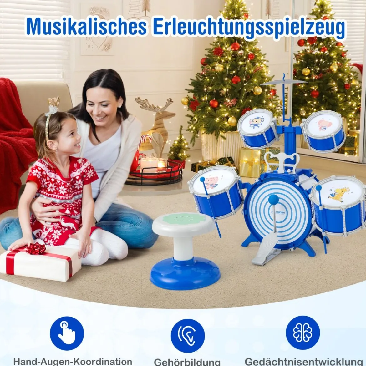 Kinder Schlagzeug Set mit Hocker & Notenständer & Fußpedal Trommel Set Schlaginstrument Blau