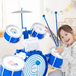 Kinder Schlagzeug Set mit Hocker & Notenständer & Fußpedal Trommel Set Schlaginstrument Blau