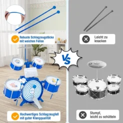 Kinder Schlagzeug Set mit Hocker & Notenständer & Fußpedal Trommel Set Schlaginstrument Blau