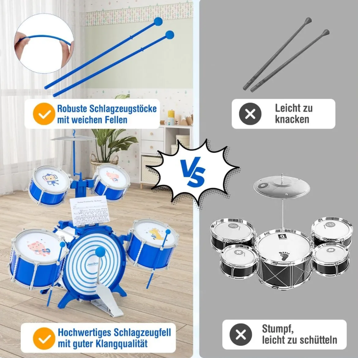 Kinder Schlagzeug Set mit Hocker & Notenständer & Fußpedal Trommel Set Schlaginstrument Blau