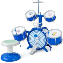 Kinder Schlagzeug Set mit Hocker & Notenständer & Fußpedal Trommel Set Schlaginstrument Blau