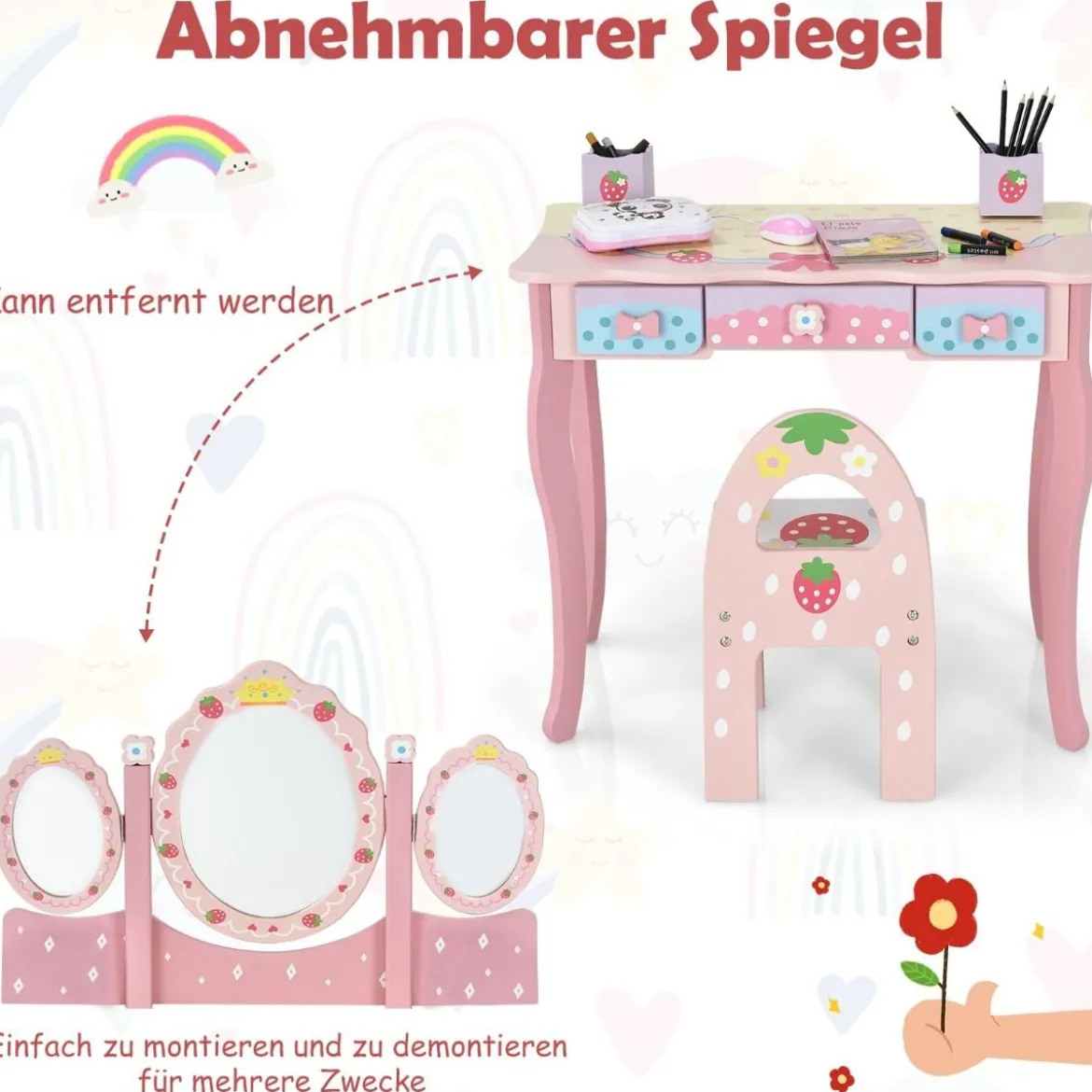 Kinder Schminktisch Kinder Frisier-Set mit Spiegel 70 x 34 x 105 cm Rosa