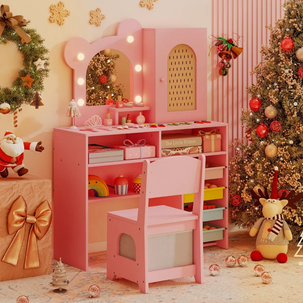 Kinder Schminktisch mit Beleuchtung Prinzessin Schminktisch & Stuhl Set mit 5 Schubladen & 2 Fächern Rosa
