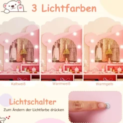 Kinder Schminktisch mit Beleuchtung Prinzessin Schminktisch & Stuhl Set mit 5 Schubladen & 2 Fächern Rosa