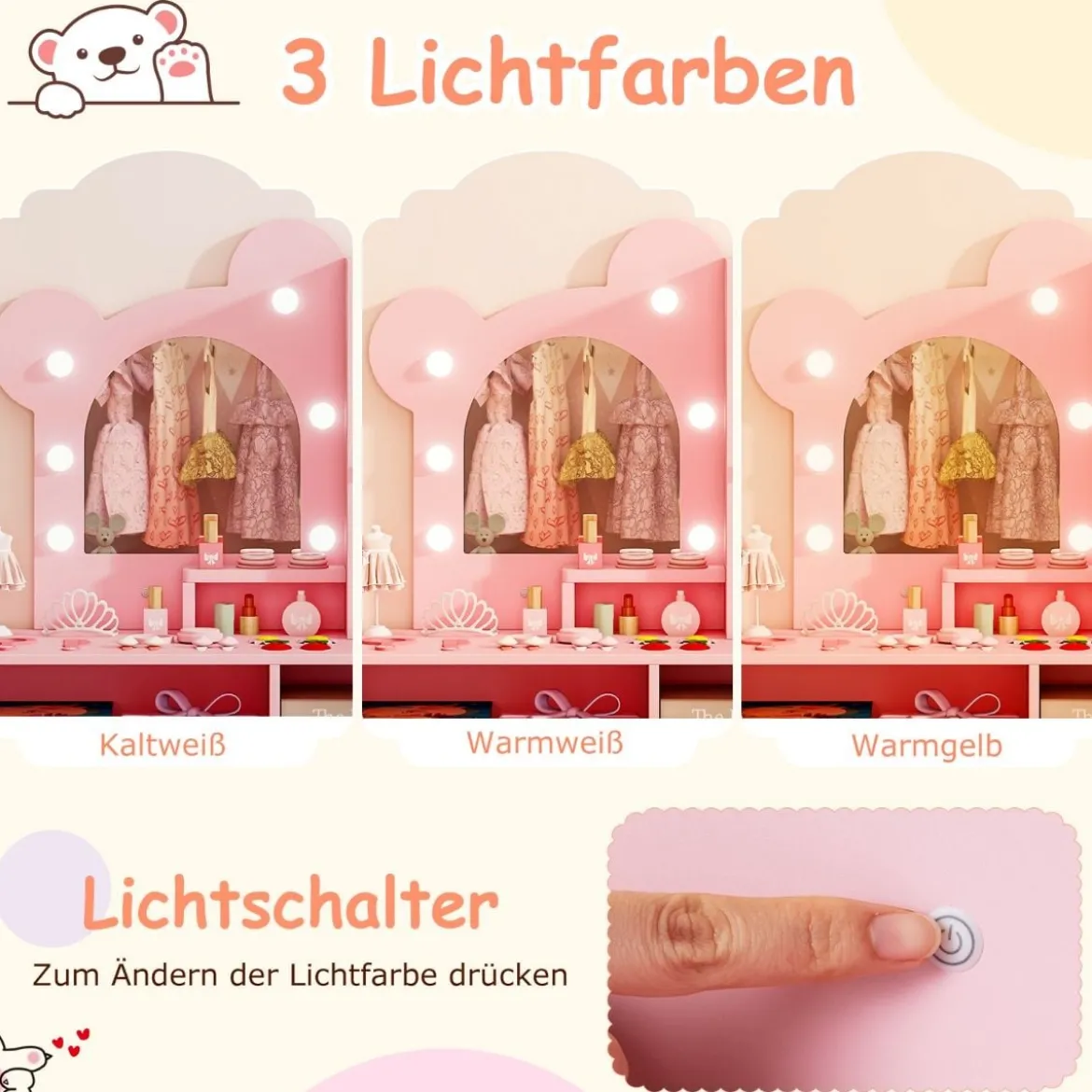 Kinder Schminktisch mit Beleuchtung Prinzessin Schminktisch & Stuhl Set mit 5 Schubladen & 2 Fächern Rosa