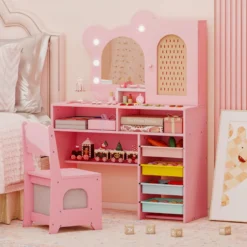 Kinder Schminktisch mit Beleuchtung Prinzessin Schminktisch & Stuhl Set mit 5 Schubladen & 2 Fächern Rosa