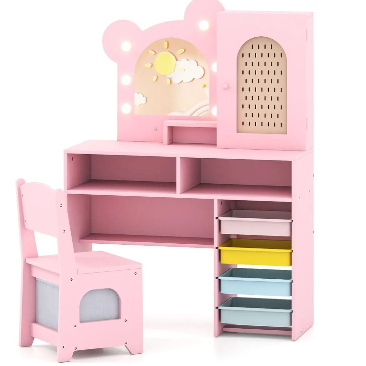 Kinder Schminktisch mit Beleuchtung Prinzessin Schminktisch & Stuhl Set mit 5 Schubladen & 2 Fächern Rosa