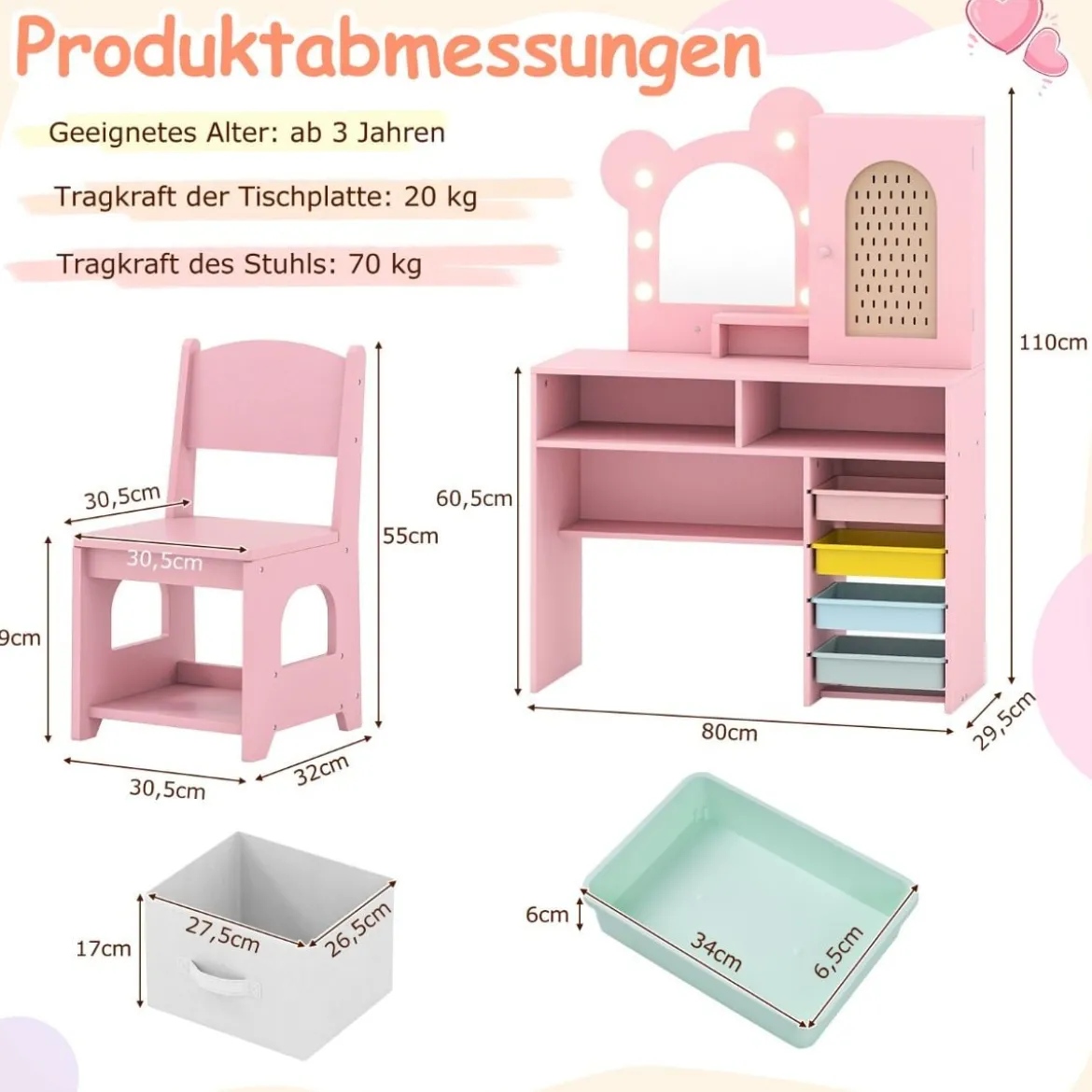 Kinder Schminktisch mit Beleuchtung Prinzessin Schminktisch & Stuhl Set mit 5 Schubladen & 2 Fächern Rosa
