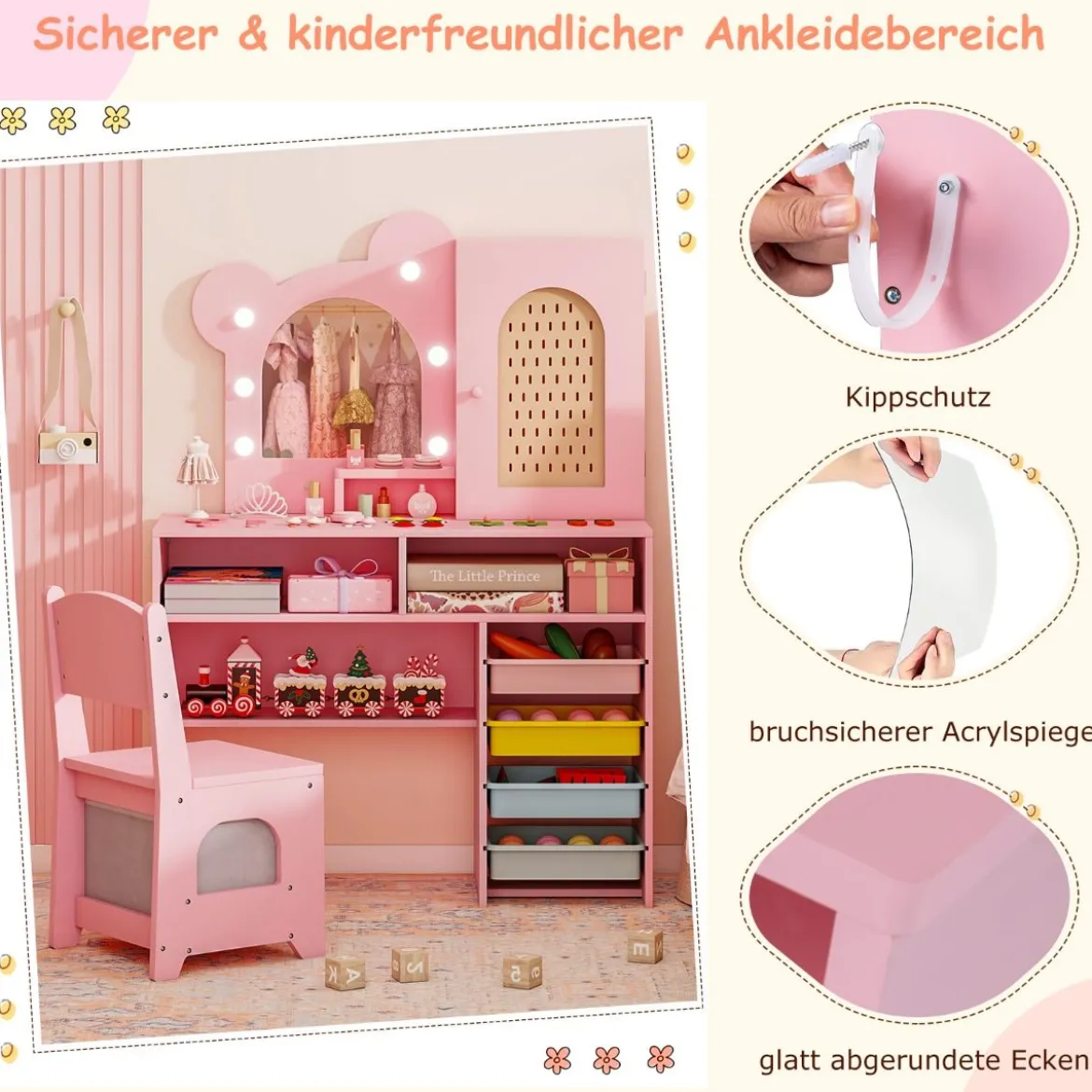 Kinder Schminktisch mit Beleuchtung Prinzessin Schminktisch & Stuhl Set mit 5 Schubladen & 2 Fächern Rosa