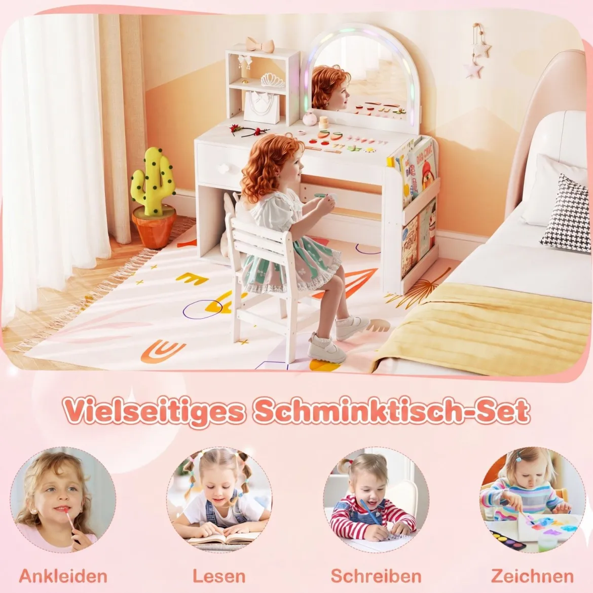 Kinder Schminktisch mit Beleuchtung Prinzessin Kinderschminktisch mit Beleuchtetem Spiegel Frisiertisch Reinweiß