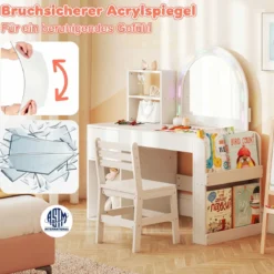 Kinder Schminktisch mit Beleuchtung Prinzessin Kinderschminktisch mit Beleuchtetem Spiegel Frisiertisch Reinweiß