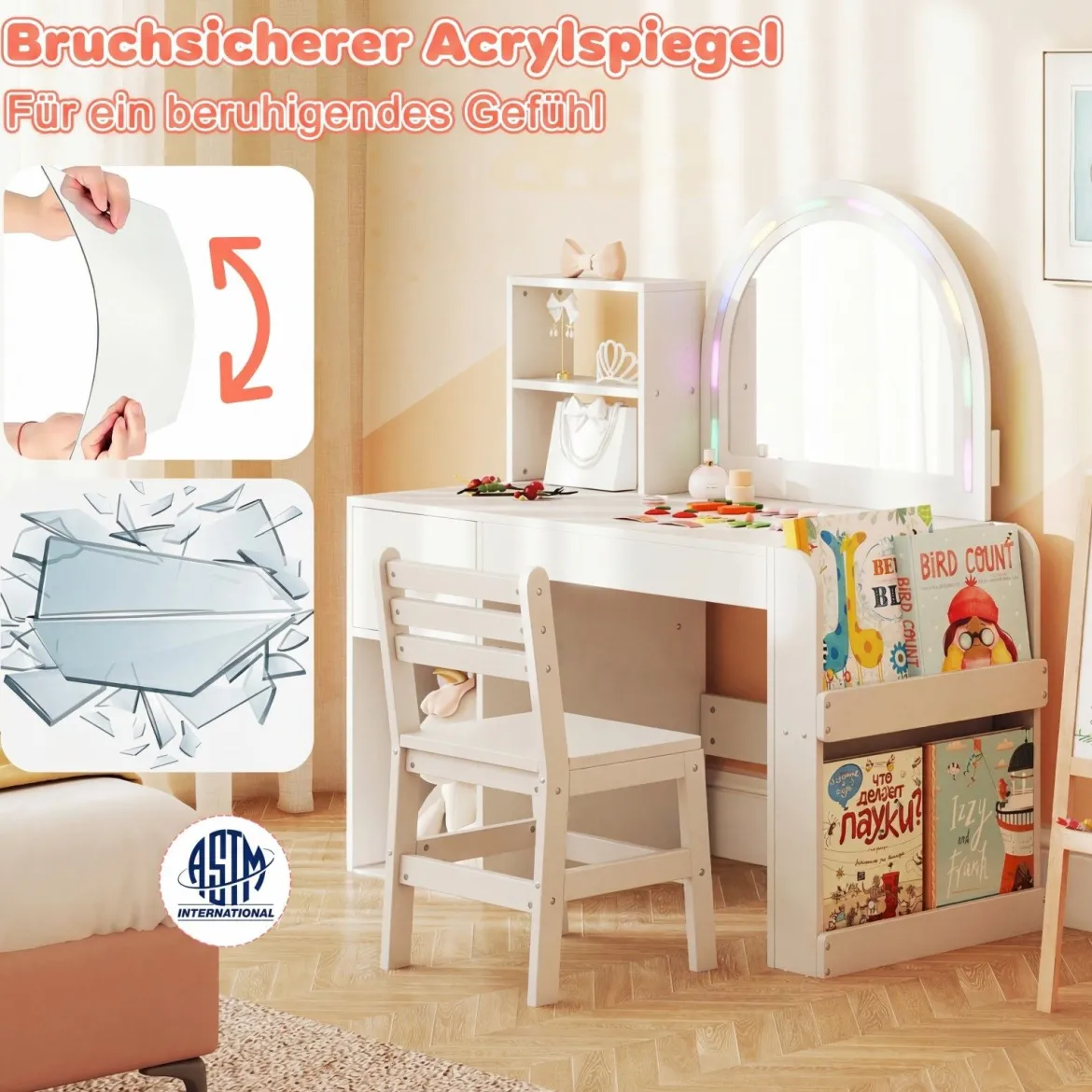 Kinder Schminktisch mit Beleuchtung Prinzessin Kinderschminktisch mit Beleuchtetem Spiegel Frisiertisch Reinweiß
