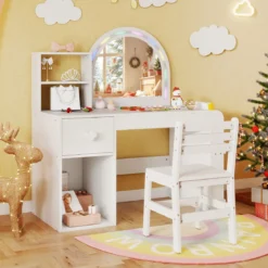 Kinder Schminktisch mit Beleuchtung Prinzessin Kinderschminktisch mit Beleuchtetem Spiegel Frisiertisch Reinweiß