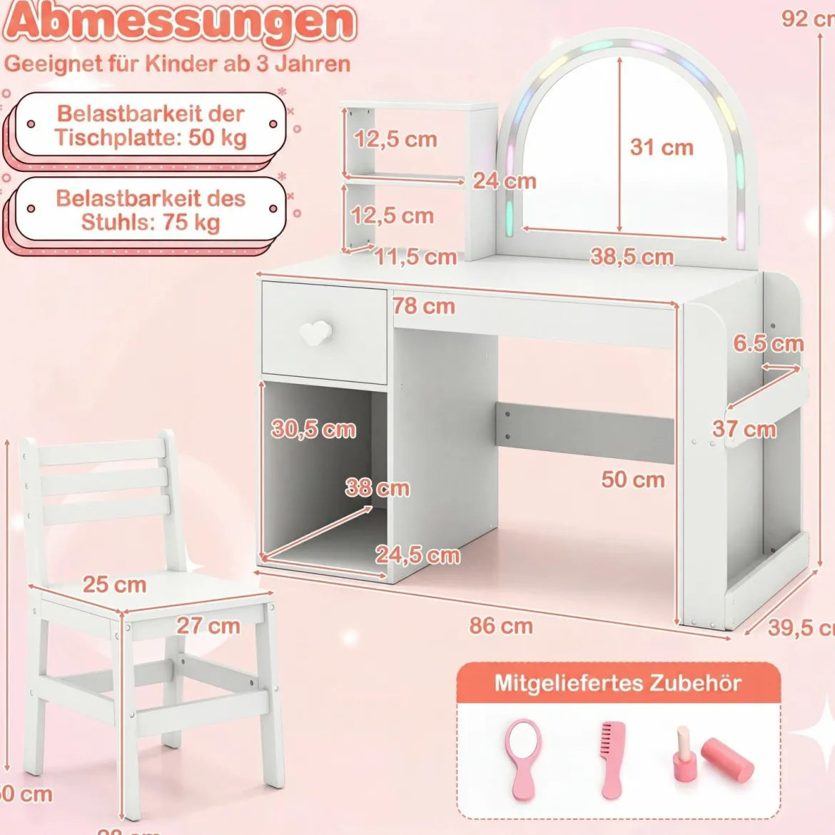 Kinder Schminktisch mit Beleuchtung Prinzessin Kinderschminktisch mit Beleuchtetem Spiegel Frisiertisch Reinweiß