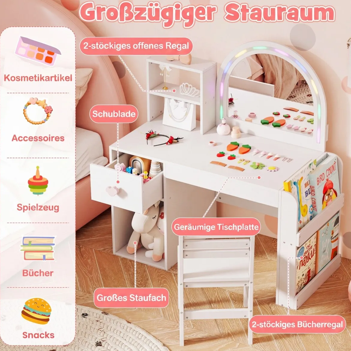 Kinder Schminktisch mit Beleuchtung Prinzessin Kinderschminktisch mit Beleuchtetem Spiegel Frisiertisch Reinweiß