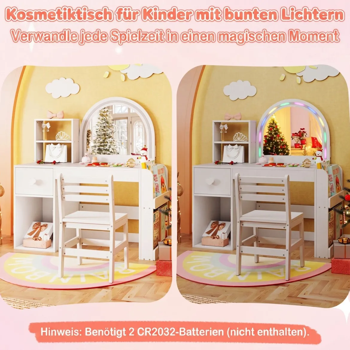 Kinder Schminktisch mit Beleuchtung Prinzessin Kinderschminktisch mit Beleuchtetem Spiegel Frisiertisch Reinweiß