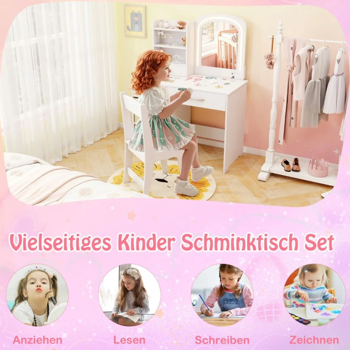 Kinder Schminktisch mit Beleuchtung Kinderschminktisch mit Spiegel Frisiertisch Weiß
