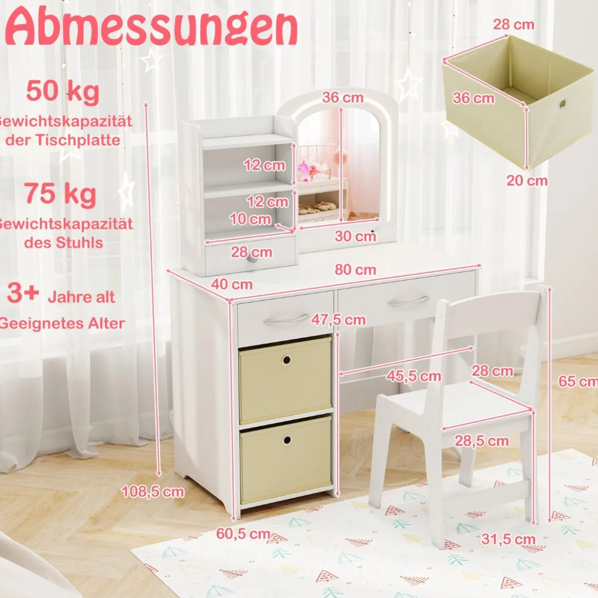 Kinder Schminktisch mit Beleuchtung Kinderschminktisch mit Spiegel Frisiertisch Weiß