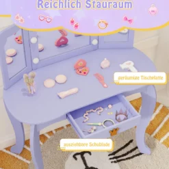 Kinder Schminktisch mit Beleuchtung Frisiertisch Mädchen mit Dreifach Klappbarem Spiegel