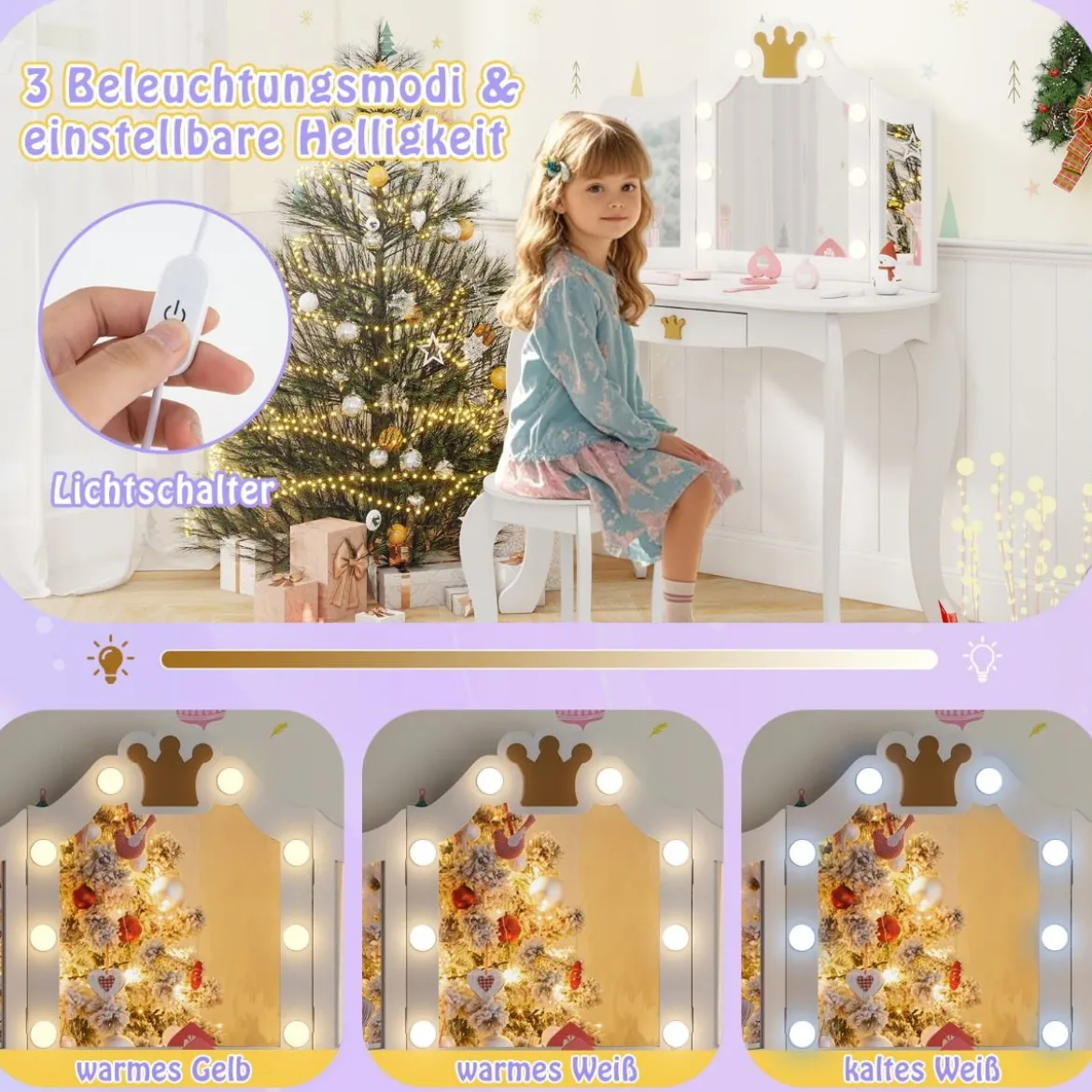 Kinder Schminktisch mit Beleuchtung Frisiertisch Mädchen mit Dreifach Klappbarem Spiegel