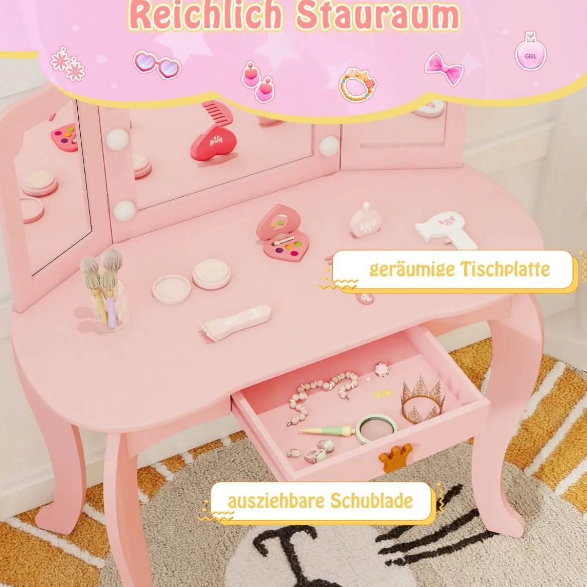 Kinder Schminktisch mit Beleuchtung Frisiertisch Mädchen mit Dreifach Klappbarem Spiegel