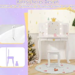 Kinder Schminktisch mit Beleuchtung Frisiertisch Mädchen mit Dreifach Klappbarem Spiegel