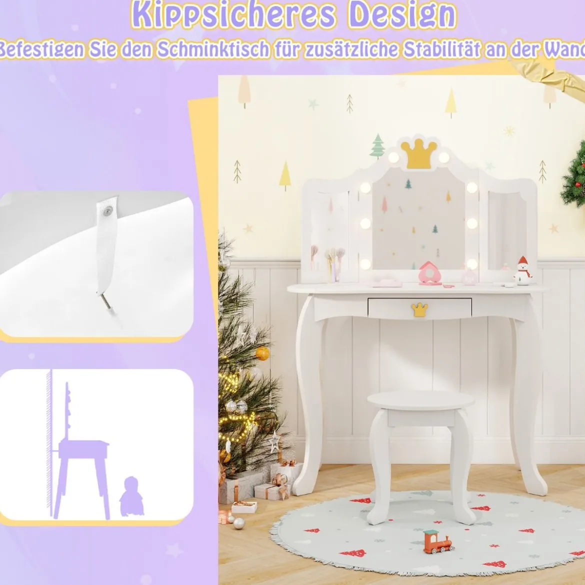 Kinder Schminktisch mit Beleuchtung Frisiertisch Mädchen mit Dreifach Klappbarem Spiegel