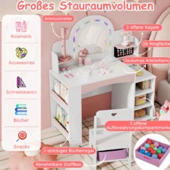 Kinder Schminktisch mit Beleuchtung & Buntem Spiegel Frisiertisch mit Regalen Kosmetiktisch Weiß