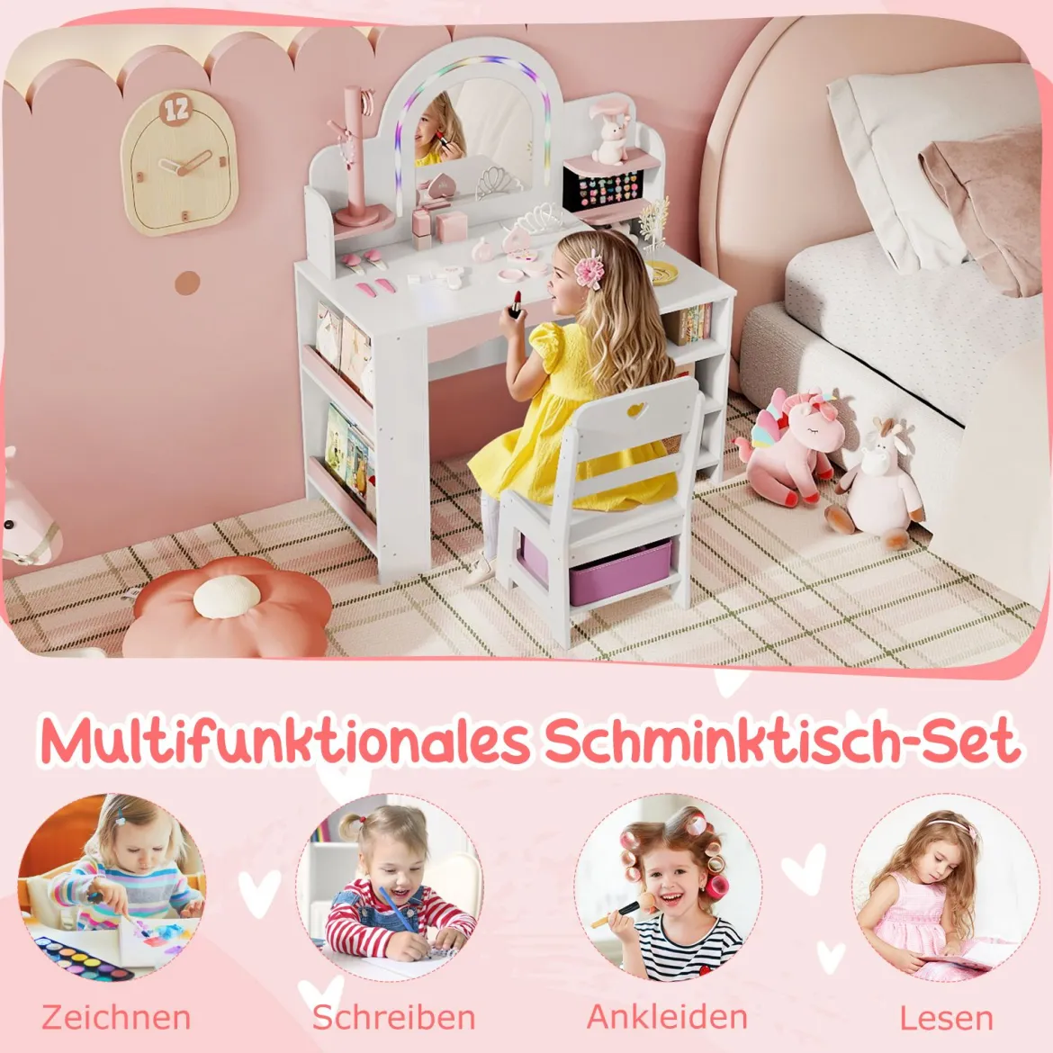Kinder Schminktisch mit Beleuchtung & Buntem Spiegel Frisiertisch mit Regalen Kosmetiktisch Weiß