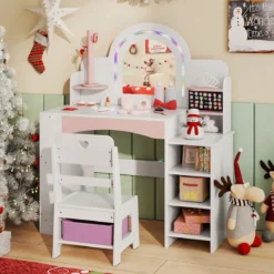 Kinder Schminktisch mit Beleuchtung & Buntem Spiegel Frisiertisch mit Regalen Kosmetiktisch Weiß
