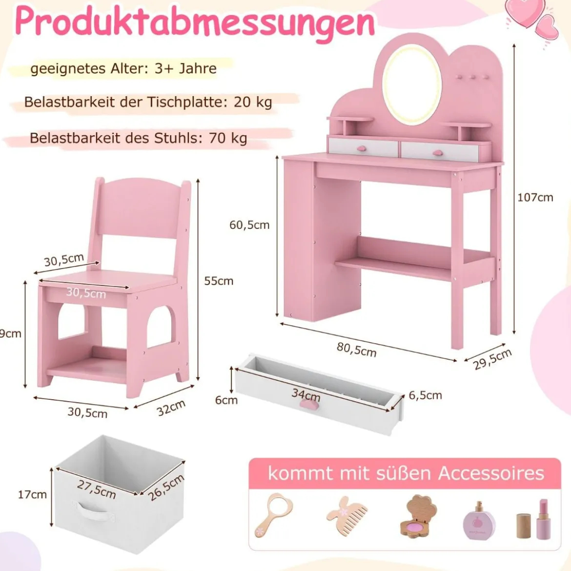 Kinderschminktisch mit Beleuchtung Prinzessinnen Frisiertisch & Stuhl Set mit 2 Schubladen Rosa