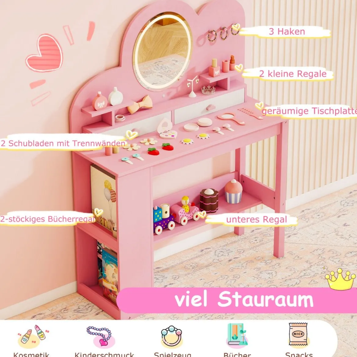 Kinderschminktisch mit Beleuchtung Prinzessinnen Frisiertisch & Stuhl Set mit 2 Schubladen Rosa