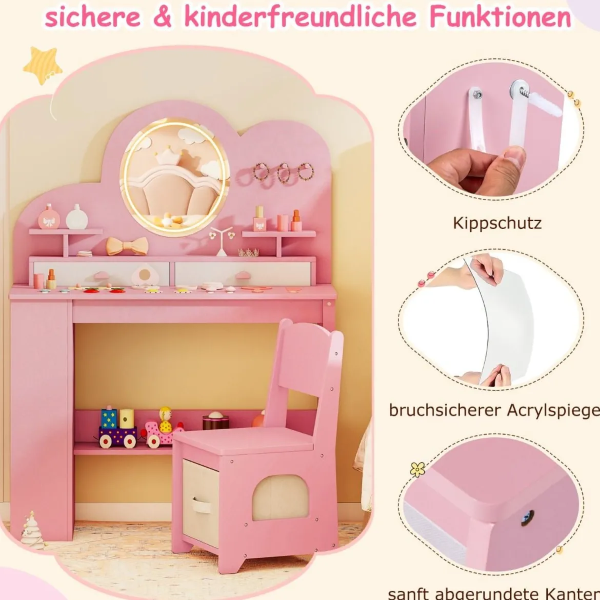 Kinderschminktisch mit Beleuchtung Prinzessinnen Frisiertisch & Stuhl Set mit 2 Schubladen Rosa