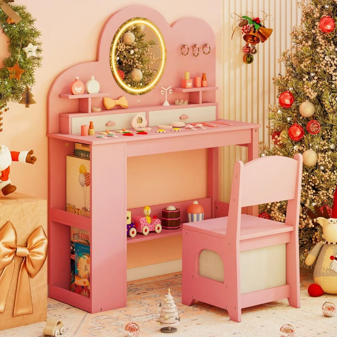 Kinderschminktisch mit Beleuchtung Prinzessinnen Frisiertisch & Stuhl Set mit 2 Schubladen Rosa