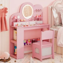 Kinderschminktisch mit Beleuchtung Prinzessinnen Frisiertisch & Stuhl Set mit 2 Schubladen Rosa