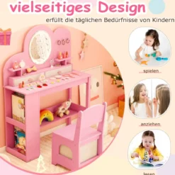 Kinderschminktisch mit Beleuchtung Prinzessinnen Frisiertisch & Stuhl Set mit 2 Schubladen Rosa