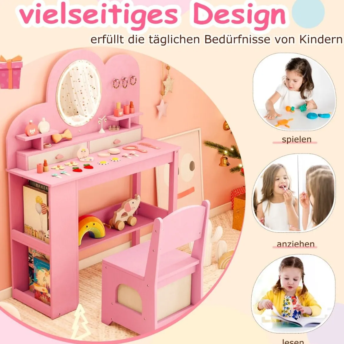 Kinderschminktisch mit Beleuchtung Prinzessinnen Frisiertisch & Stuhl Set mit 2 Schubladen Rosa