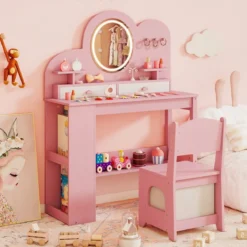 Kinderschminktisch mit Beleuchtung Prinzessinnen Frisiertisch & Stuhl Set mit 2 Schubladen Rosa