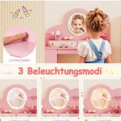 Kinderschminktisch mit Beleuchtung Prinzessinnen Frisiertisch & Stuhl Set mit 2 Schubladen Rosa