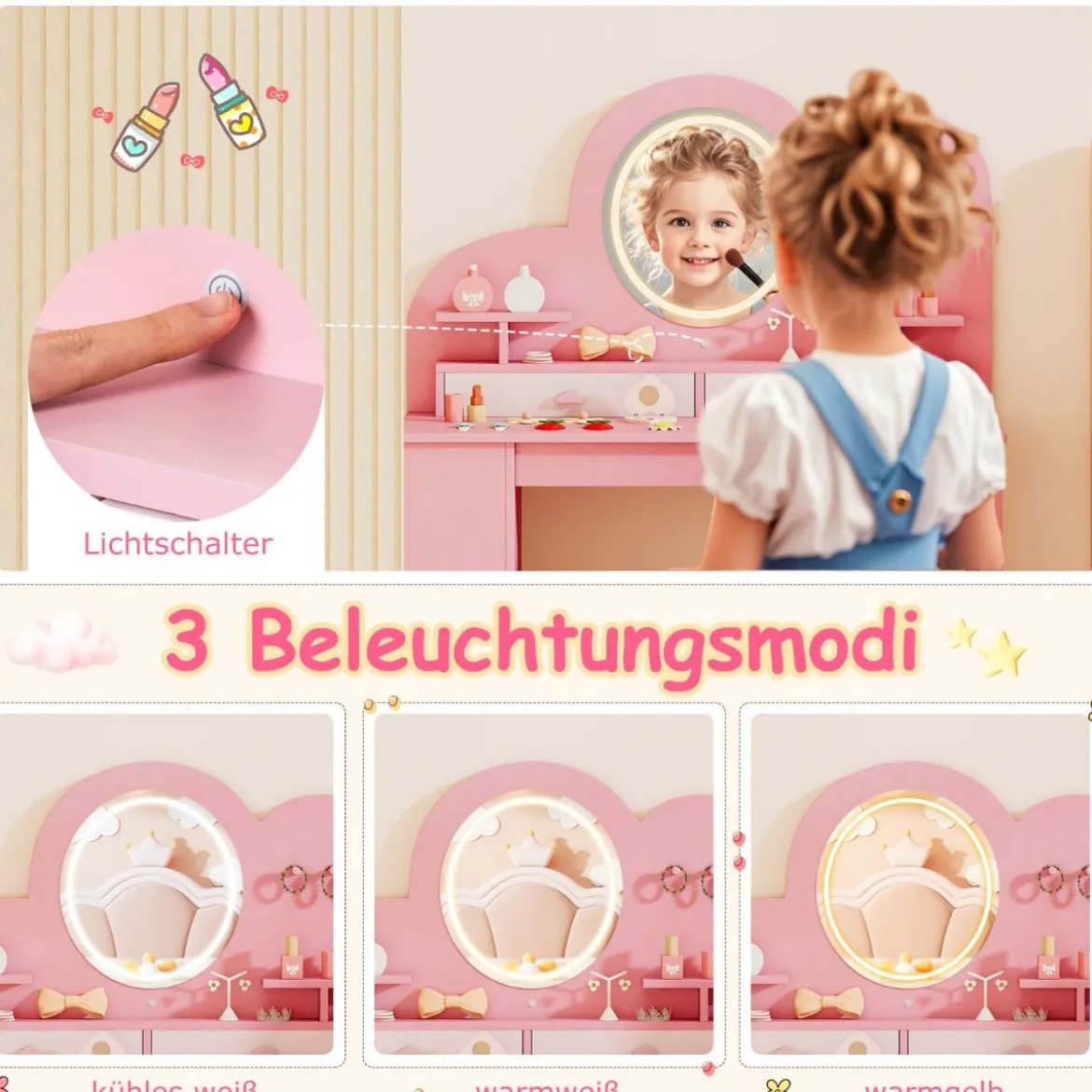 Kinderschminktisch mit Beleuchtung Prinzessinnen Frisiertisch & Stuhl Set mit 2 Schubladen Rosa
