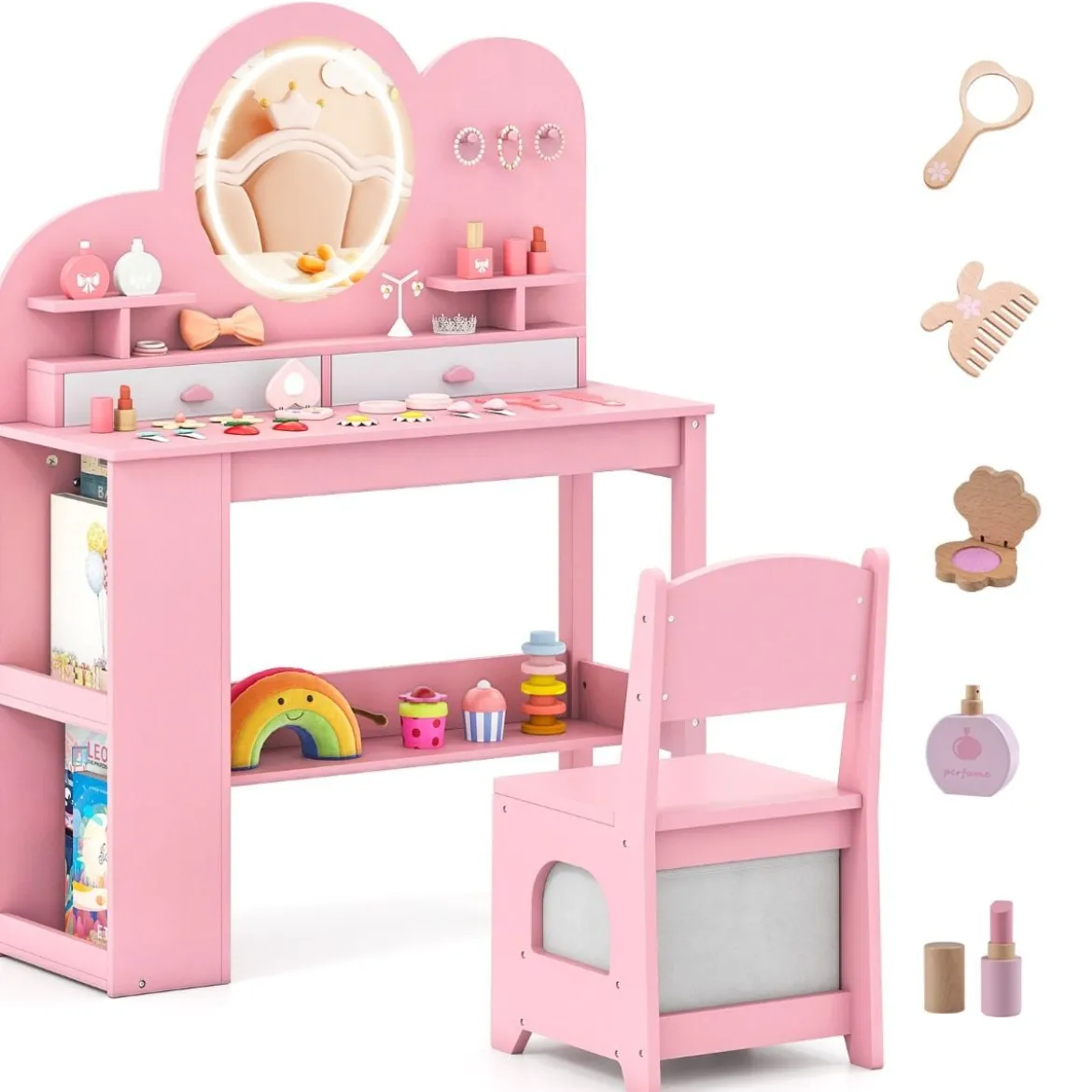 Kinderschminktisch mit Beleuchtung Prinzessinnen Frisiertisch & Stuhl Set mit 2 Schubladen Rosa
