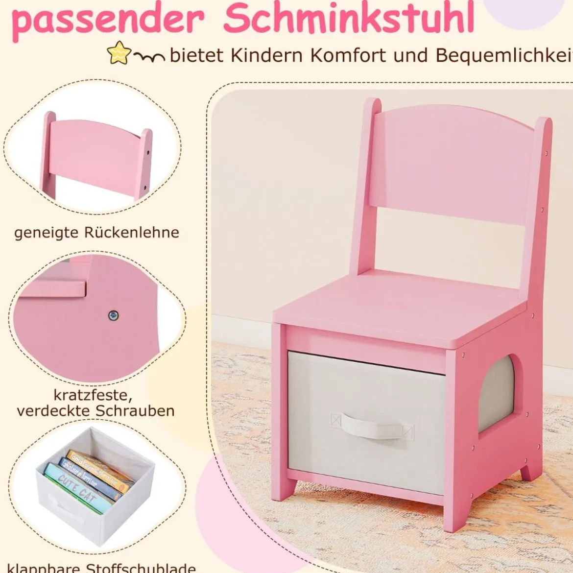 Kinderschminktisch mit Beleuchtung Prinzessinnen Frisiertisch & Stuhl Set mit 2 Schubladen Rosa