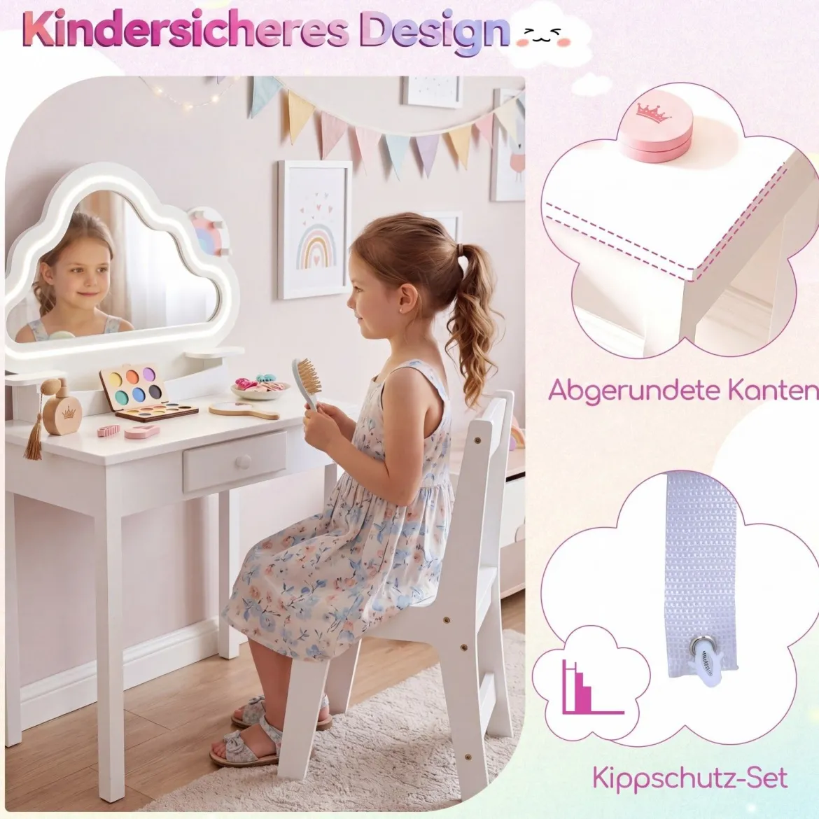 Kinder Schminktisch mit Beleuchtung Wolken-Spiegel 3 Schmuckhaken für Kinder von 3-6 Jahren Weiß