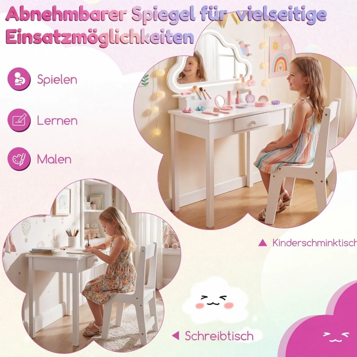 Kinder Schminktisch mit Beleuchtung Wolken-Spiegel 3 Schmuckhaken für Kinder von 3-6 Jahren Weiß