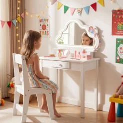 Kinder Schminktisch mit Beleuchtung Wolken-Spiegel 3 Schmuckhaken für Kinder von 3-6 Jahren Weiß
