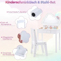 Kinder Schminktisch mit Beleuchtung Wolken-Spiegel 3 Schmuckhaken für Kinder von 3-6 Jahren Weiß