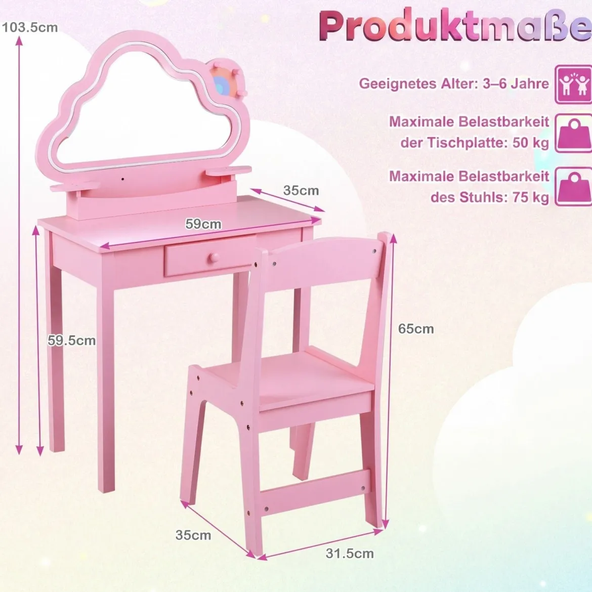 Kinder Schminktisch mit Beleuchtung Wolken-Spiegel 3 Schmuckhaken für Kinder von 3-6 Jahren Rosa