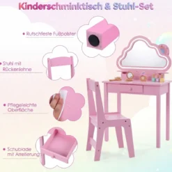 Kinder Schminktisch mit Beleuchtung Wolken-Spiegel 3 Schmuckhaken für Kinder von 3-6 Jahren Rosa