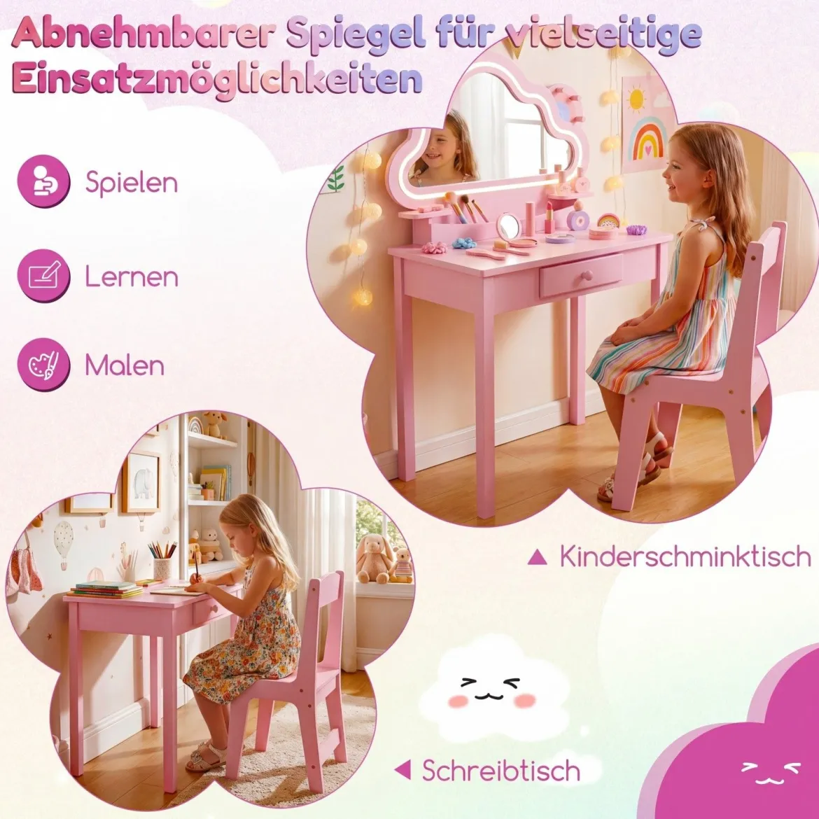 Kinder Schminktisch mit Beleuchtung Wolken-Spiegel 3 Schmuckhaken für Kinder von 3-6 Jahren Rosa